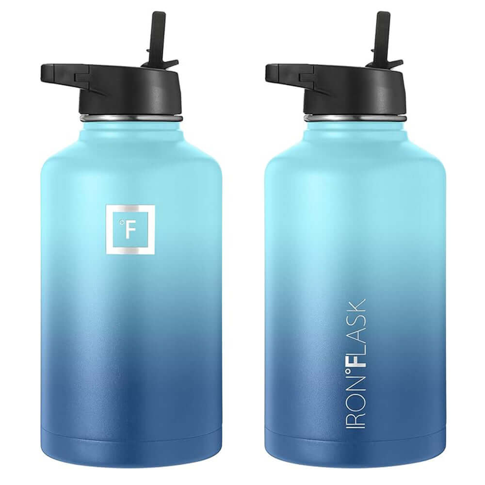 Iron Flask 64oz bottle in blue waves with straw lid for affordable, quality hydration.