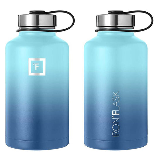 Iron Flask 64oz Wide Mouth Water Bottle in Blue Waves, featuring a straw lid and stainless steel cap for easy hydration.