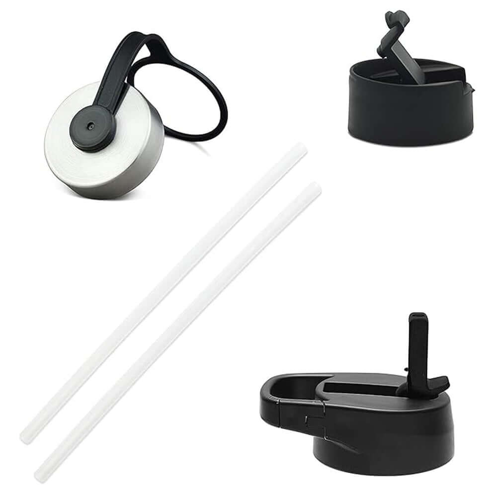 Iron Flask bottle accessories set including straw lid, flip lid, and straws for hydration convenience.