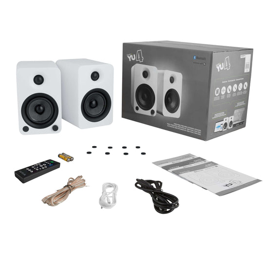 Kanto YU4 matte white powered bookshelf speakers with remote, cables, and user manual for affordable quality sound.