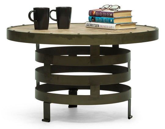 Retro Style Spiral Round Coffee Table with Wood Top featuring books and cups, affordable quality furniture for modern interiors