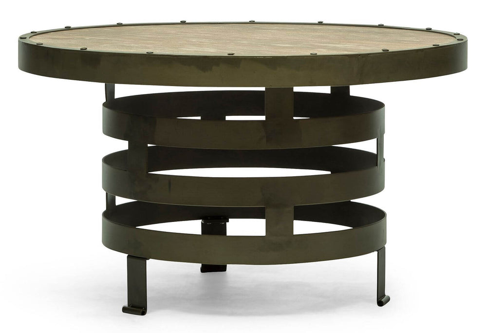 Retro style spiral round coffee table with wood top, showcasing a modern industrial look, value furniture, affordable quality.