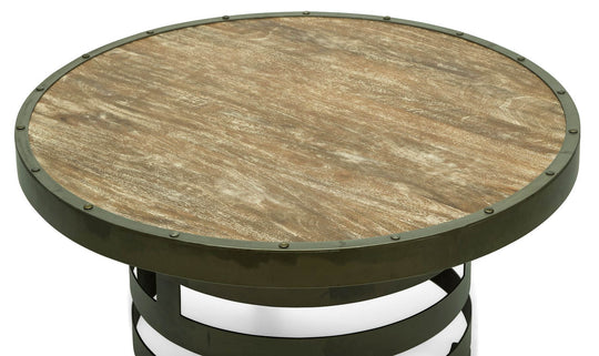 Retro Style Spiral Round Coffee Table with Wood Top, showcasing affordable, quality value furniture with a modern industrial look.