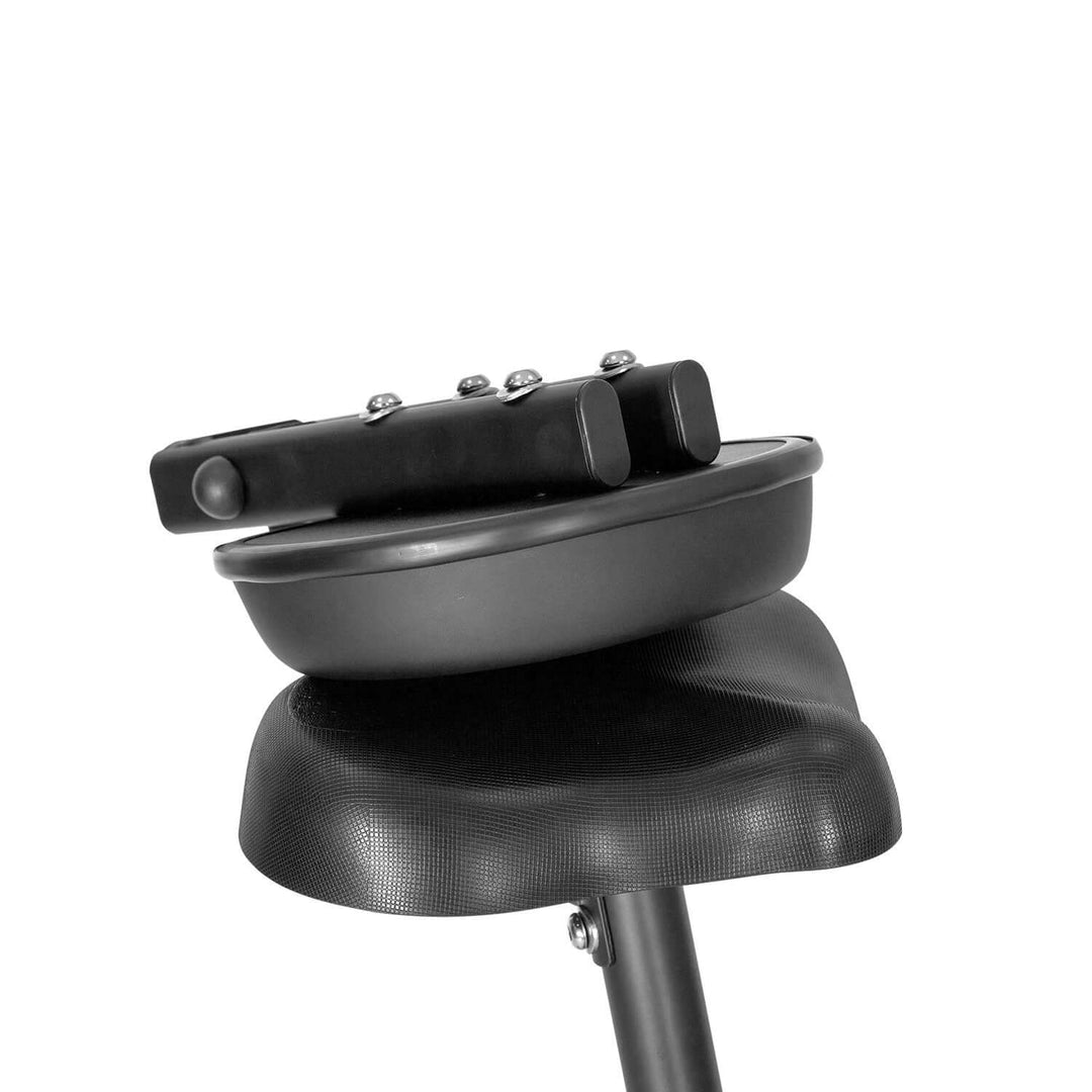 Close-up of the adjustable seat and resistance knob on the Lifespan Fitness Cyclestation 3 under desk exercise bike.