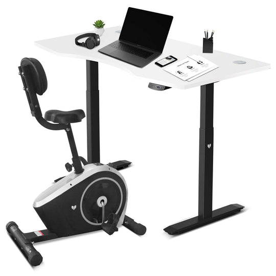 Lifespan Fitness Cyclestation 3 Exercise Bike with ErgoDesk, promoting productivity and comfort in a sleek white and black design.