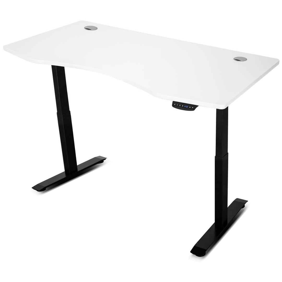 Lifespan Fitness ErgoDesk Automatic Standing Desk in white with black legs, featuring dual motors and LED controller for height adjustment.