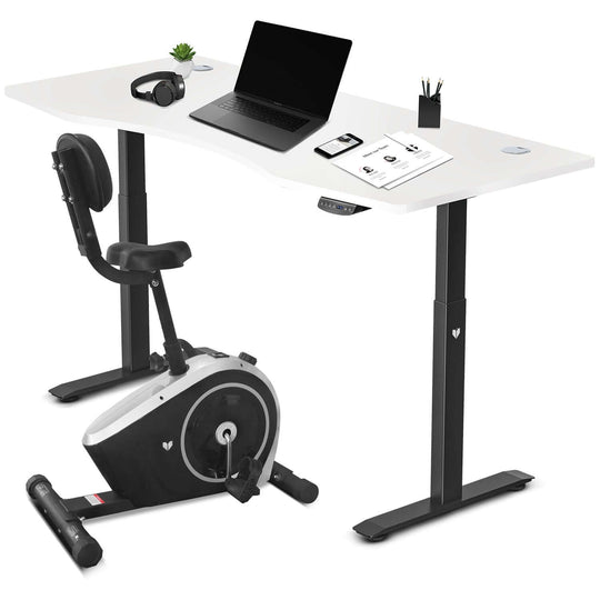 Lifespan Fitness Cyclestation 3 under desk exercise bike with ErgoDesk automatic standing desk in white and black.