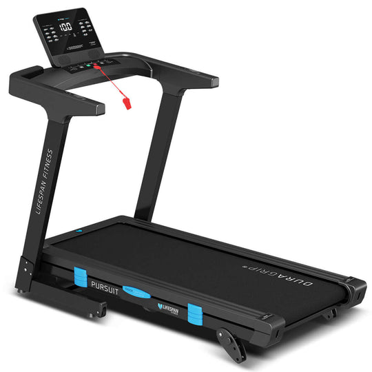 Lifespan Fitness Pursuit 3 Treadmill showcasing compact design, large LCD display, and DuraGrip running belt for quality home workouts.