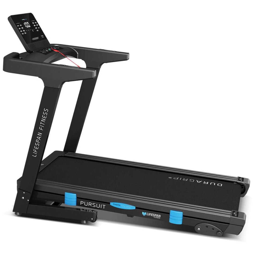 Lifespan Fitness Pursuit 3 Treadmill with LCD display and DuraGrip running belt, ideal for quality cardio workouts at home.