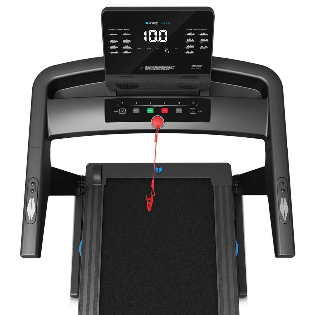 Lifespan Fitness Pursuit 3 Treadmill showing large LCD display and DuraGrip running belt, designed for affordable quality workouts.