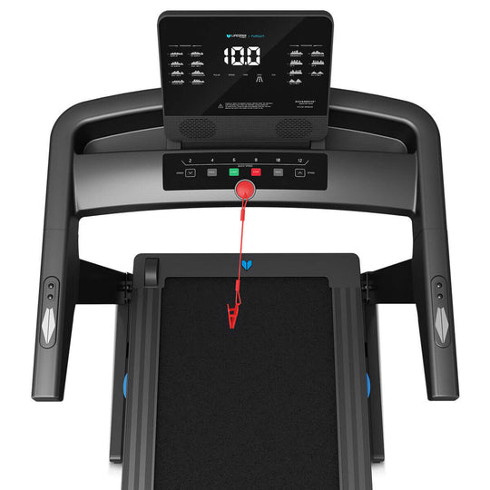 Lifespan Fitness Pursuit 3 Treadmill showing large LCD display and DuraGrip running belt, designed for affordable quality workouts.