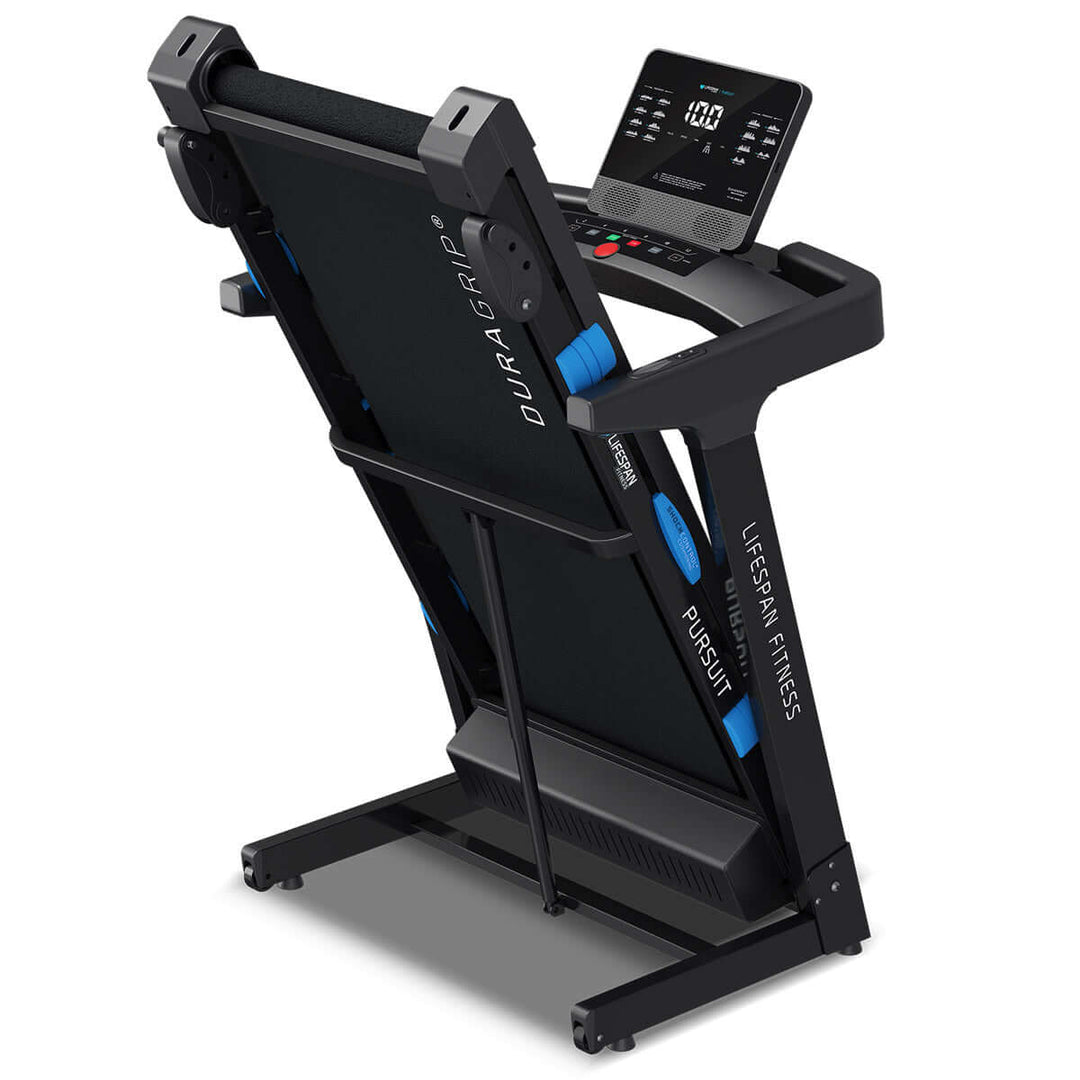 Lifespan Fitness Pursuit 3 Treadmill with large LCD display and DuraGrip running belt, compact design for home workouts.