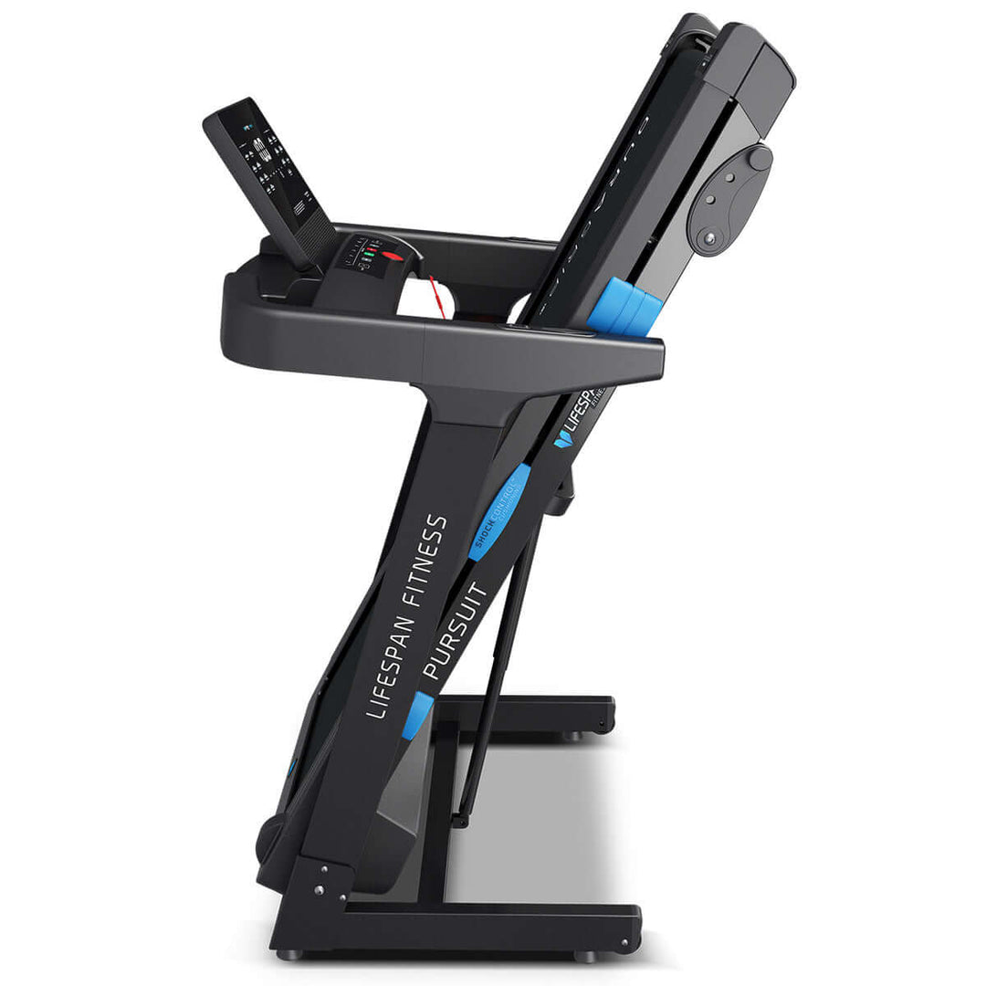 Lifespan Fitness Pursuit 3 Treadmill side view showcasing compact design, LCD display, and anti-static running belt for affordable home cardio.