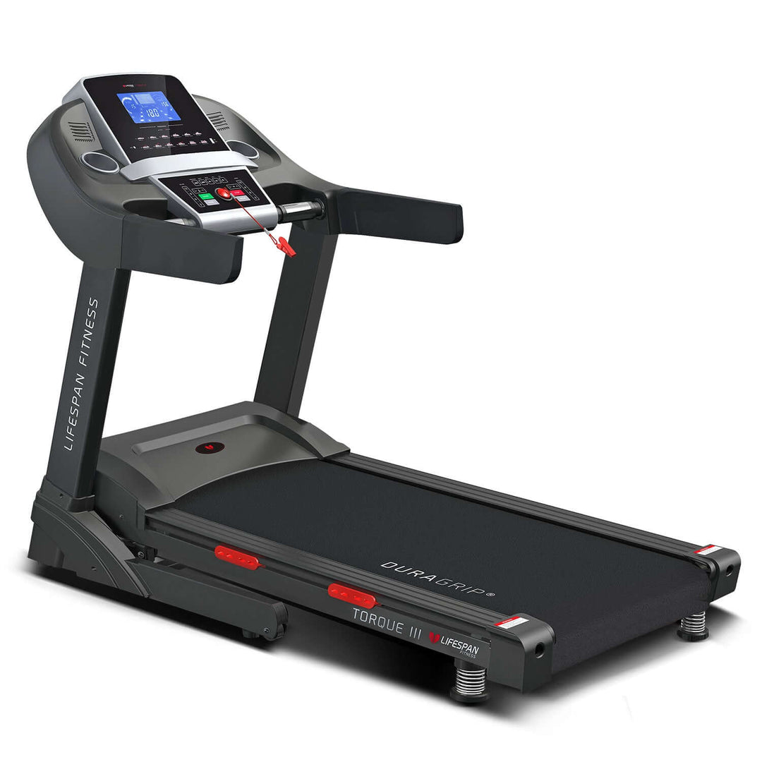 Lifespan Fitness Torque 3 Treadmill featuring DuraGrip belt, sleek design, and adjustable speed for quality home workouts.