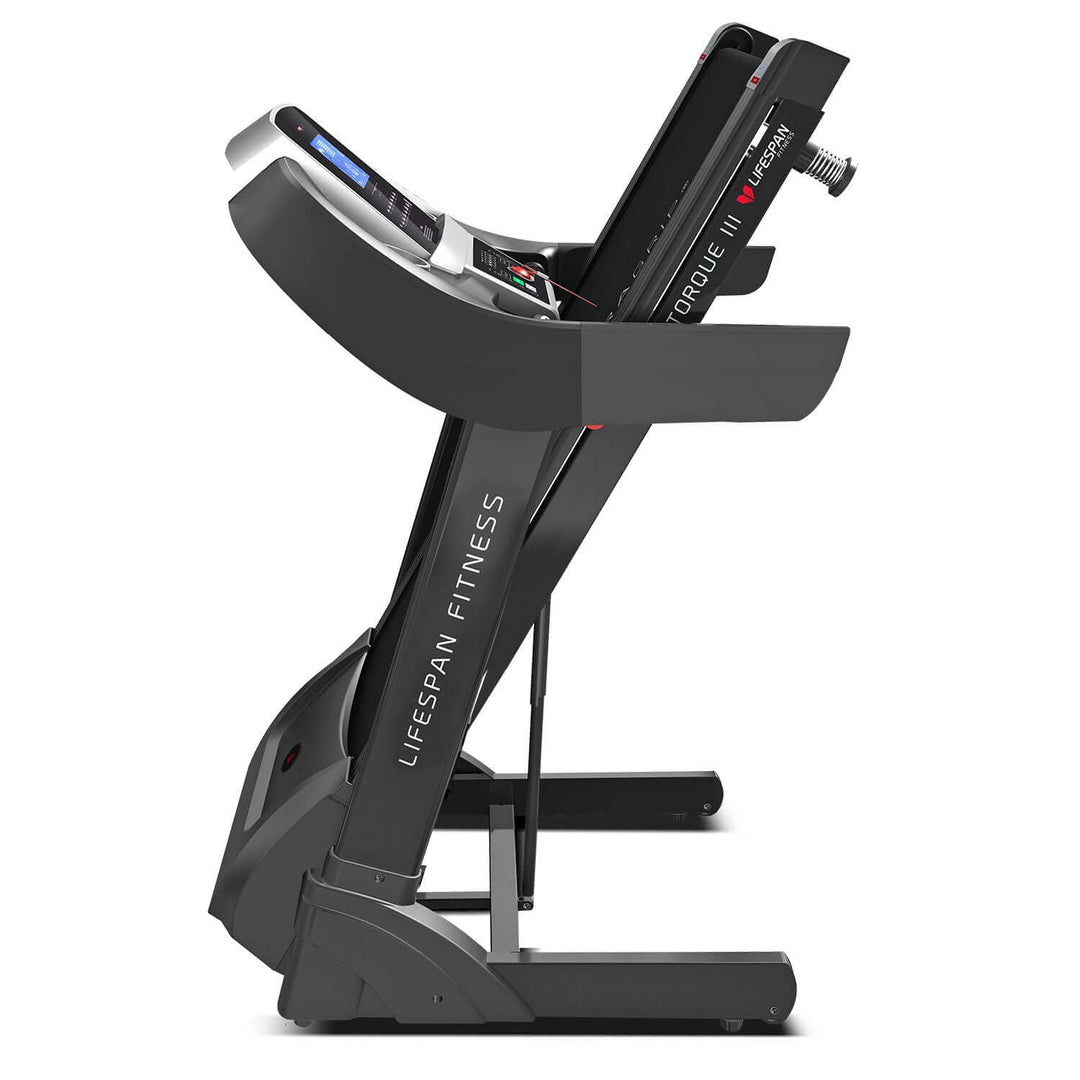 Lifespan Fitness Torque 3 treadmill side view showcasing its sleek design and premium features for home workouts.