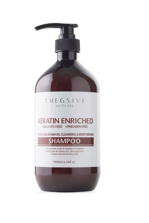 THE G5IVE Moroccan Argan Oil Shampoo, keratin enriched, sulfate & paraben free, 1Lt for affordable hair care.