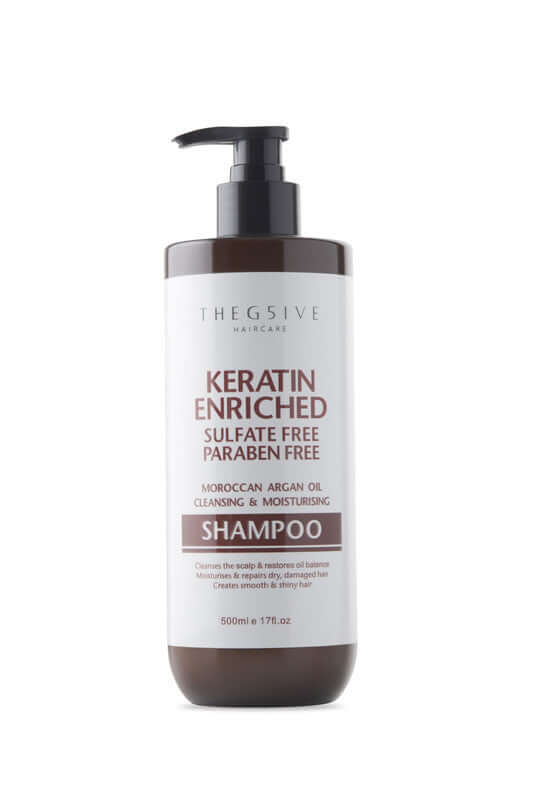 THE G5IVE Haircare Moroccan Argan Oil Shampoo 500ml, keratin enriched, sulfate and paraben free for smooth, shiny hair.