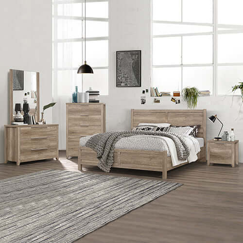 5 Pieces Bedroom Suite with Double Size Bed, Bedside Table, Tallboy, and Dresser in Natural Wood Like MDF with Oak Colour in Modern Bedroom Setting