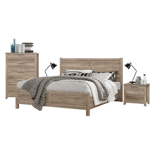 5 Pieces Bedroom Suite with Natural Wood Like MDF Structure including Double Size Oak Colour Bed, Bedside Table, Tallboy, and Dresser