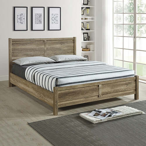 Double size oak colour bed with MDF structure in a modern bedroom setting.