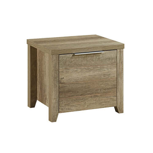 Natural wood like MDF bedside table in oak colour from 5 pieces bedroom suite, traditional and affordable furniture.