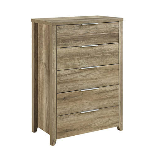 Natural wood like MDF tallboy dresser in oak color with four drawers, part of a five-piece bedroom suite.