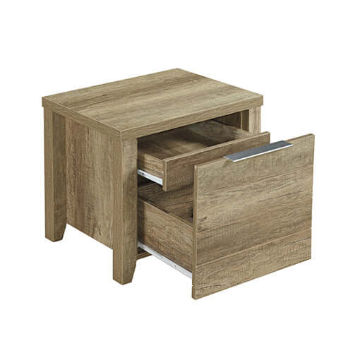 Oak colour bedside table with two drawers made from natural wood like MDF for traditional bedroom suite.