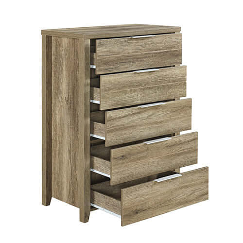 Natural wood look MDF tallboy with multiple drawers in oak colour, part of 5 pieces bedroom suite.