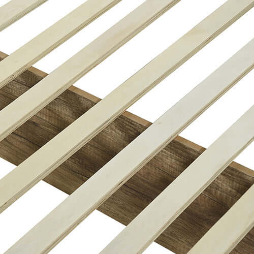 Natural wood-like MDF bed slats offering sturdy support for the double-size bedroom suite in oak colour.