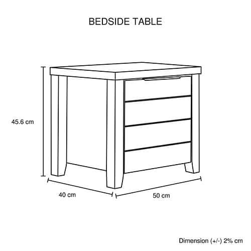 Dimensional sketch of bedside table in oak color with 3 drawers, 45.6 cm height, 50 cm width, and 40 cm depth.