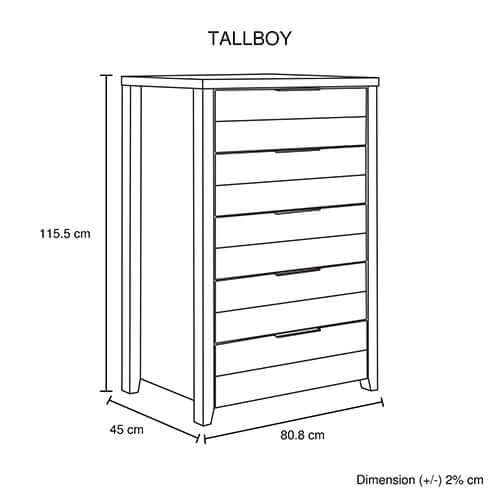 Diagram showing dimensions of tallboy dresser with 7 drawers, 115.5 cm height, 80.8 cm width, and 45 cm depth.