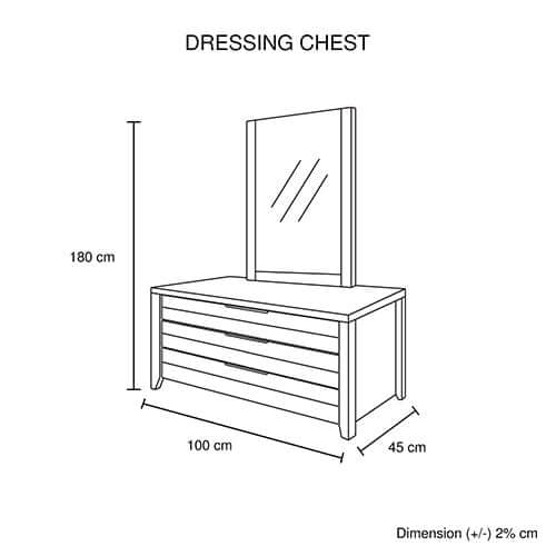 Diagram of dressing chest with dimensions, 180 cm height, 100 cm width, and 45 cm depth, featuring a mirror and drawers.