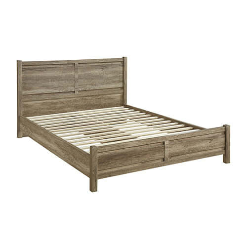 Oak color queen size bed frame in natural wood like MDF structure from 5 pieces bedroom suite.