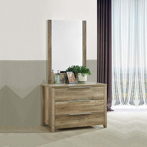 Oak color dresser with mirror and natural wood-like MDF structure in a bedroom suite