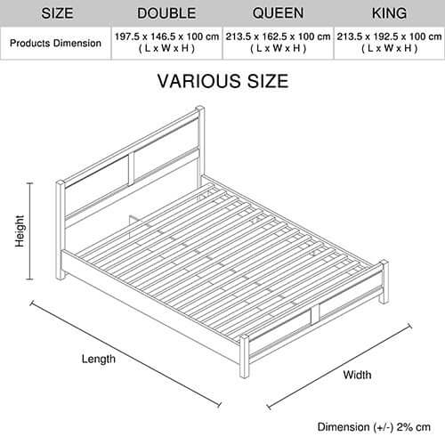 Size dimensions chart for double, queen, and king size bed frames showing length, width, and height measurements in centimeters.