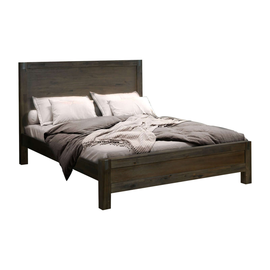 Solid wood king-size bed in acacia with chocolate finish, featuring a minimalist design and vintage style bedding. Minimal design for modern bedrooms.