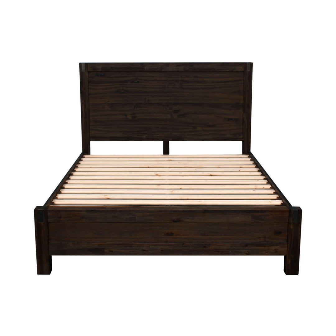 Solid wood acacia king size bed with slatted base in chocolate color, part of 5 pieces bedroom suite including bedside table, tallboy, and dresser.