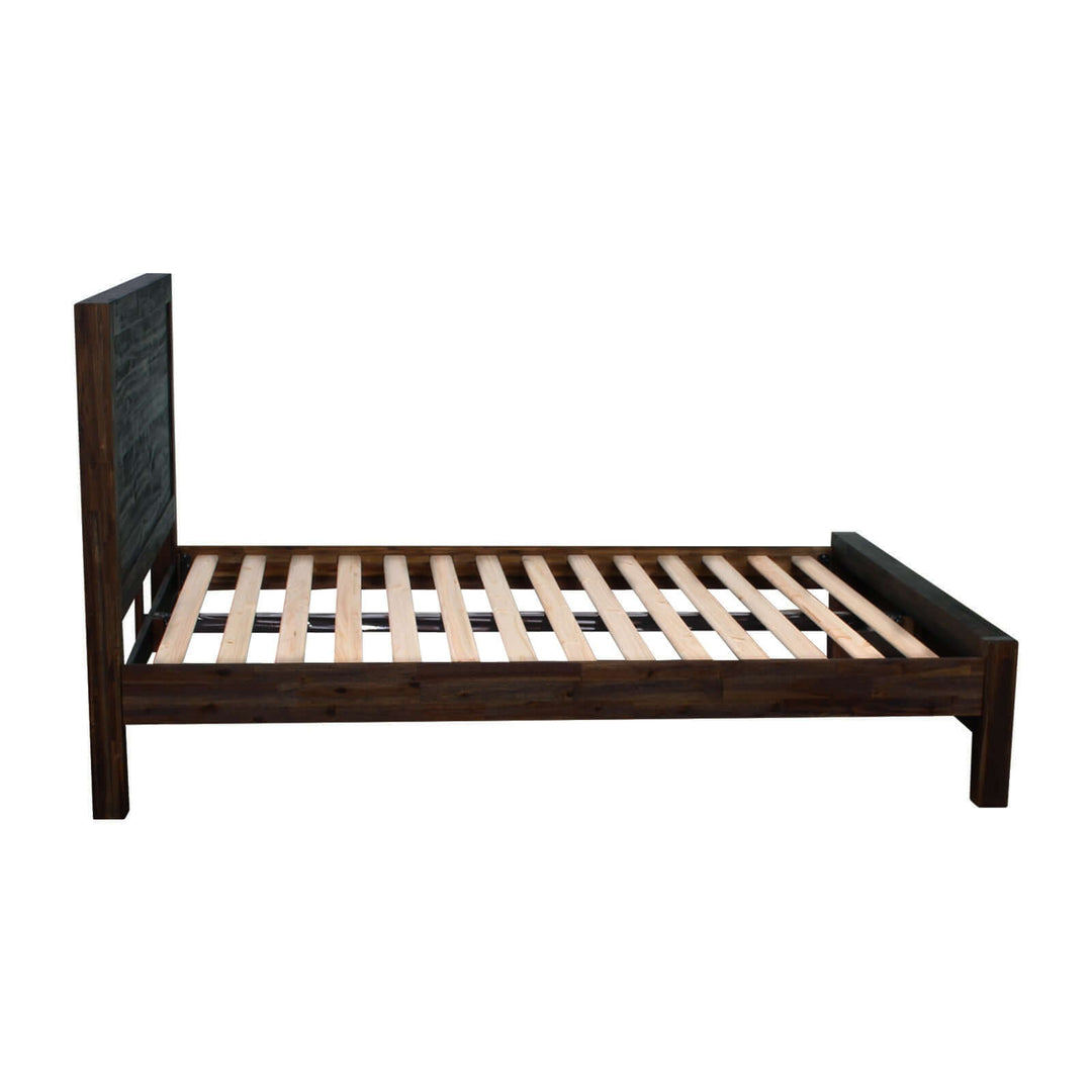 King size bed frame in chocolate color, made from solid wood veneered acacia with timber slats.