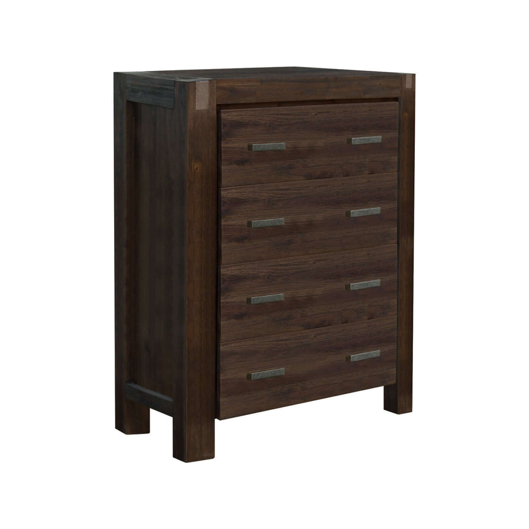 Solid wood veneer acacia construction tallboy dresser with four drawers in chocolate color from the Nowra bedroom suite.