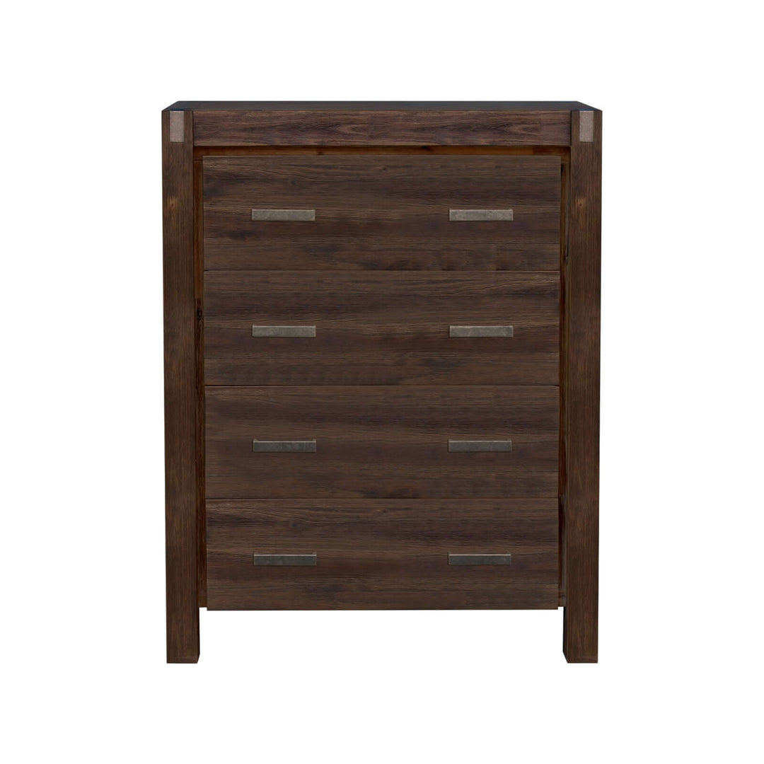 Solid Wood Veneered Acacia Tallboy with Four Drawers in Chocolate Color - Minimal Design for Bedroom Storage