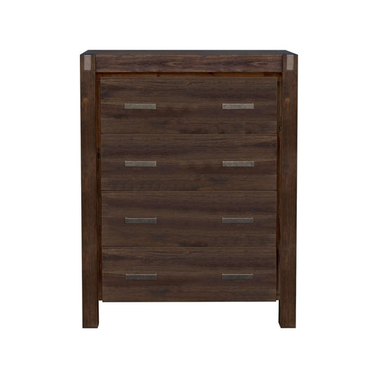 Solid Wood Veneered Acacia Tallboy with Four Drawers in Chocolate Color - Minimal Design for Bedroom Storage