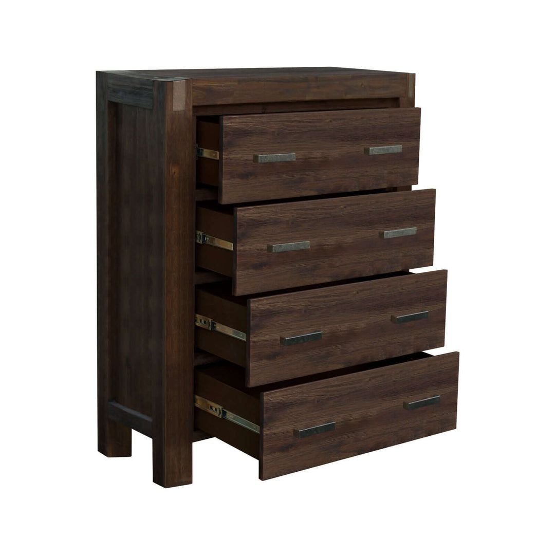 Solid wood veneered acacia tallboy dresser with four open drawers in chocolate color.