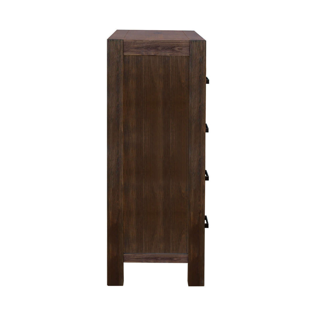 Side view of Nowra vintage style solid wood veneered acacia construction tallboy in chocolate color.