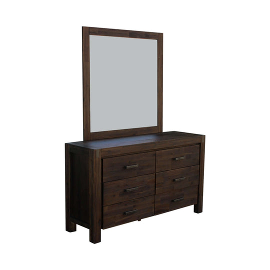 King size chocolate color dresser with mirror in solid wood veneered acacia construction from 5 pieces bedroom suite