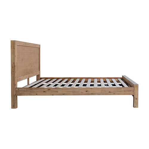 Solid wood slat double size bed in oak color from the 5 pieces bedroom suite with minimal design made from acacia frames.