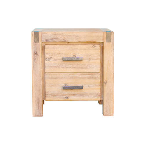 Solid acacia wood bedside table with two drawers in oak color from Nowra bedroom suite, offering a minimal vintage style.