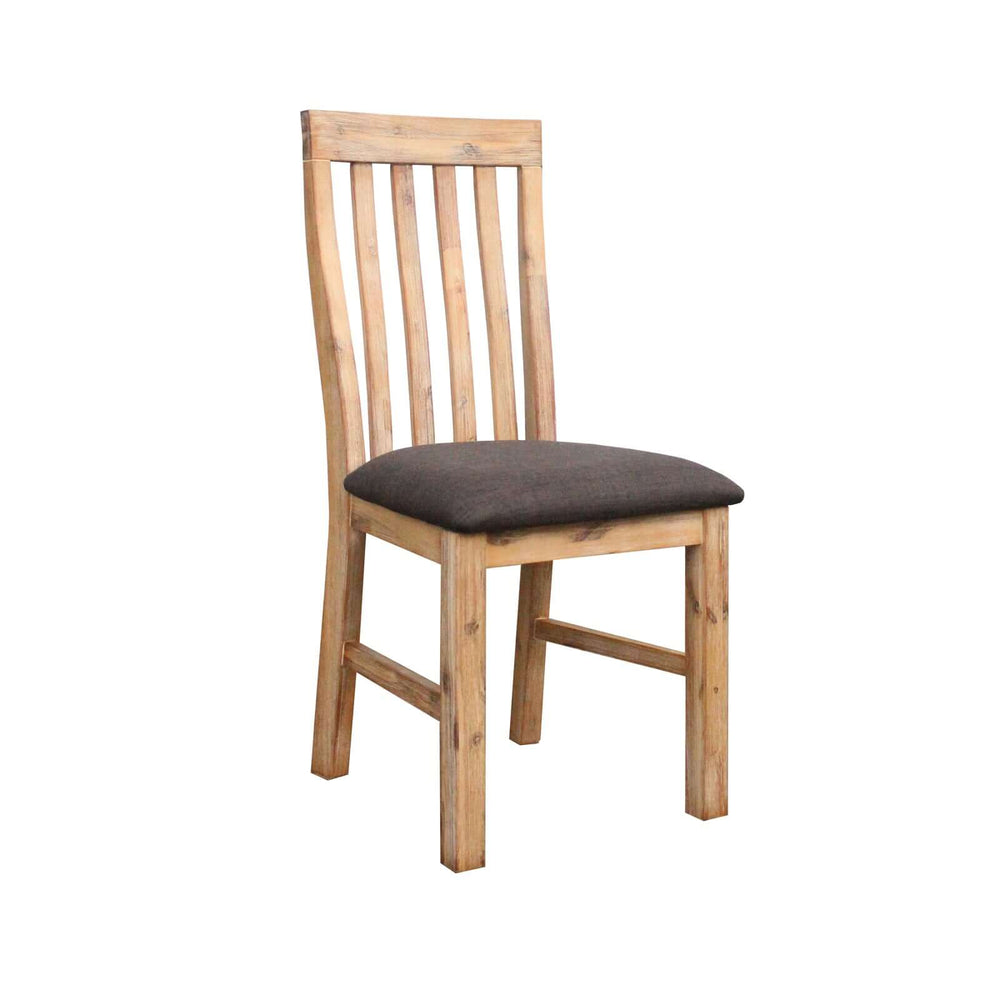 Vintage Look Nowra Dining Chair in Oak Colour with a Comfortable Fabric Seat and Solid Acacia Wood Frame.