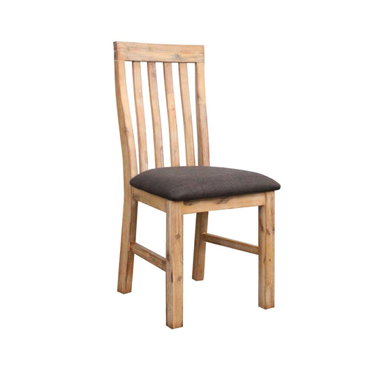 Vintage Look Nowra Dining Chair in Oak Colour with a Comfortable Fabric Seat and Solid Acacia Wood Frame.