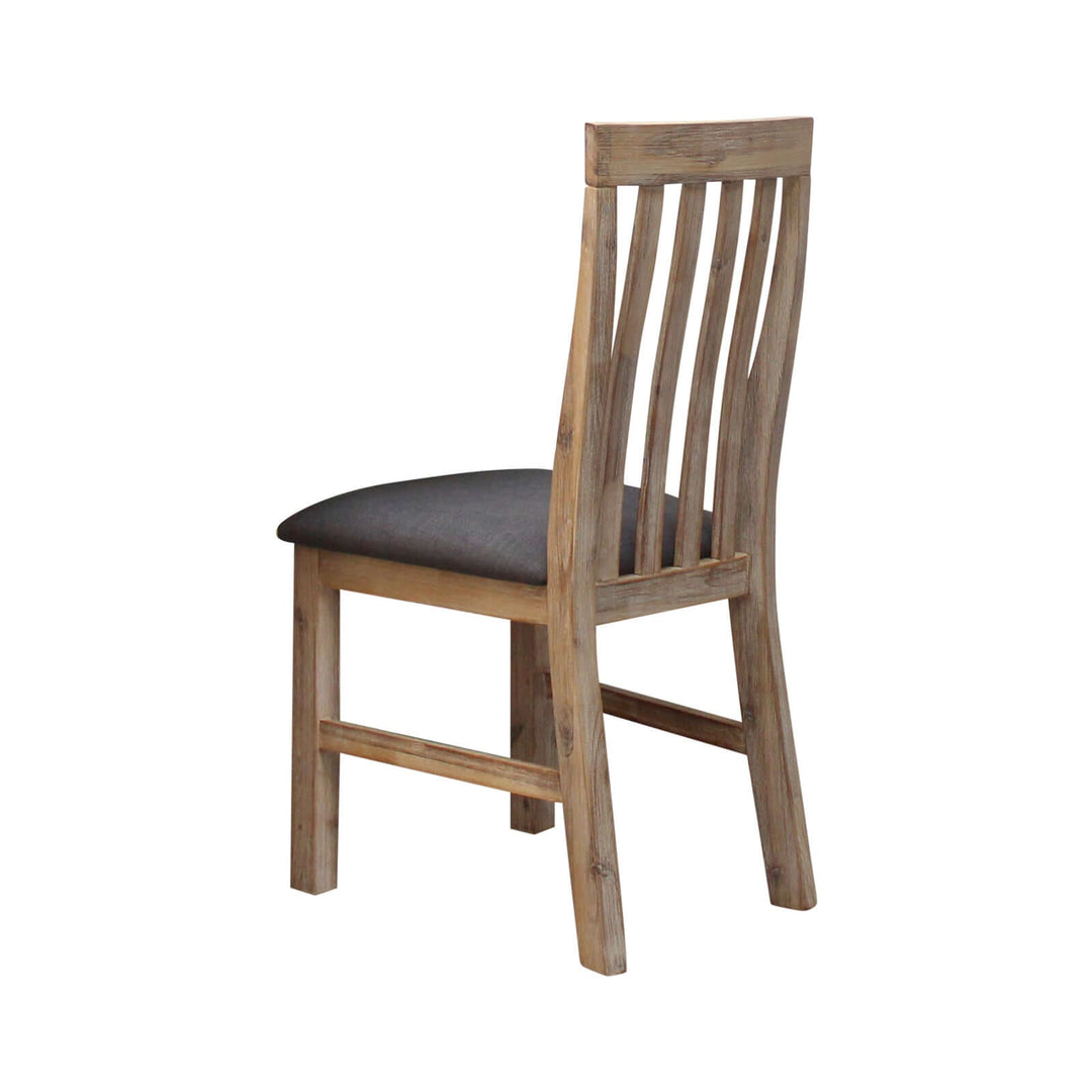 Vintage look solid wood acacia dining chair in oak color with padded fabric seat and wooden frame.