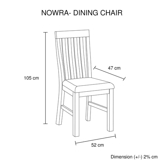 Nowra dining chair dimensions chart with height, width, and depth measurements in cm.